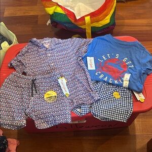 Red White and Blue Swim Trunks Cat & Jack lot with shirt and tee all NWT XS 4/5